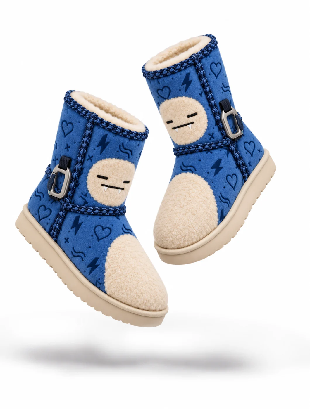 Pair of blue and cream Doodle Mix Boots with braided trim and metal gate hooks